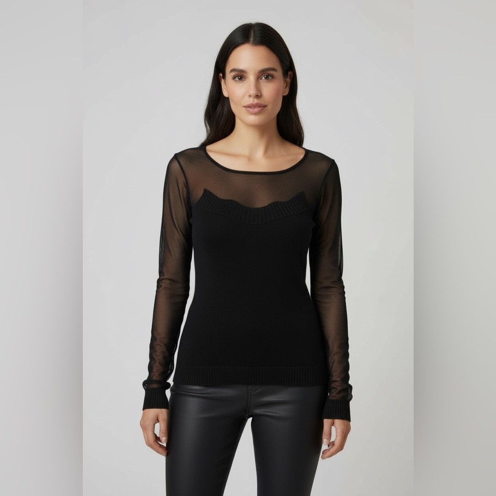 Nina Ricci Knit Wool Sweater Sheer Silk Panel SIze Small Black